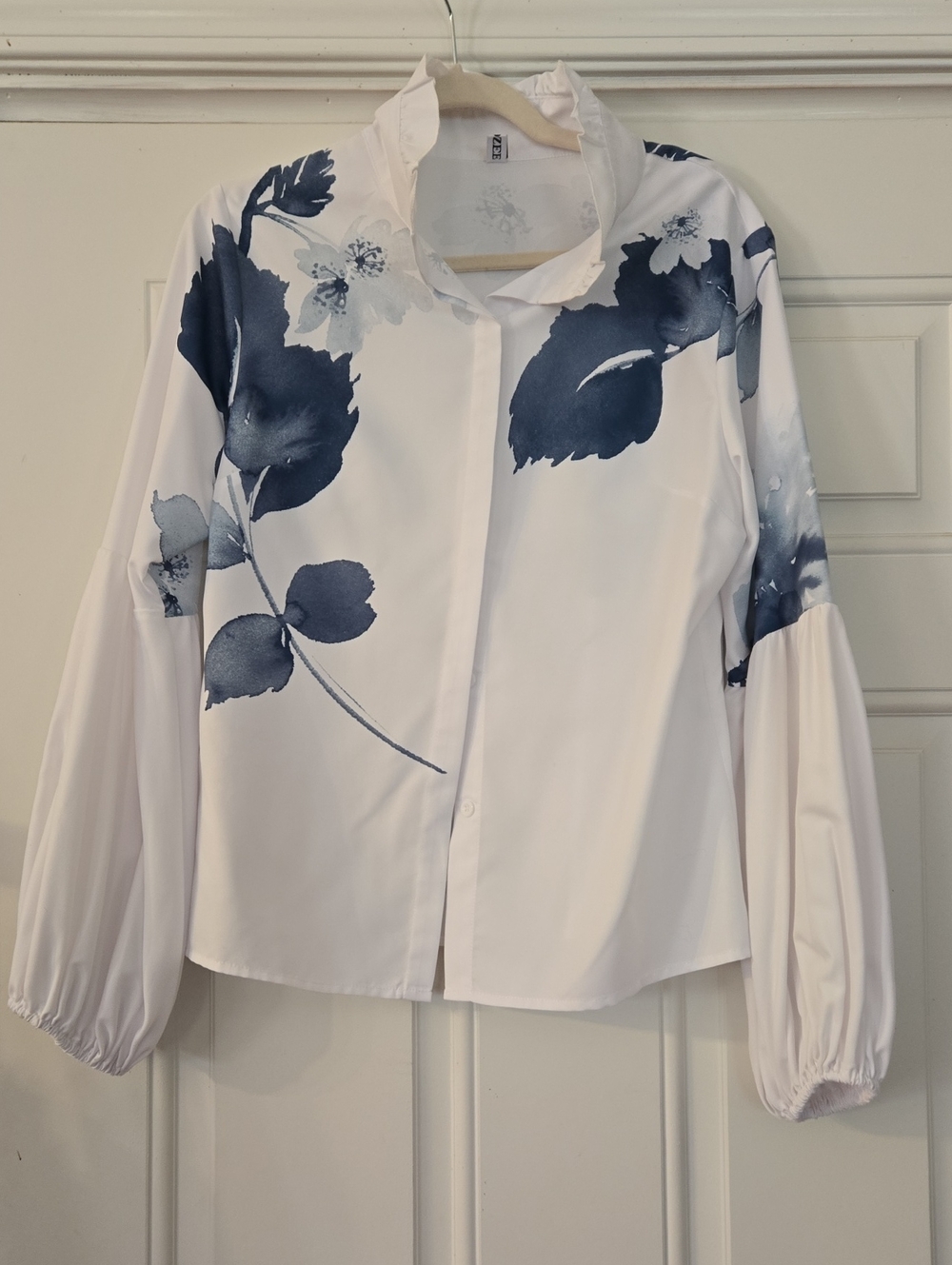 White Button-Down Shirt with Navy Floral Print, Balloon Sleeves